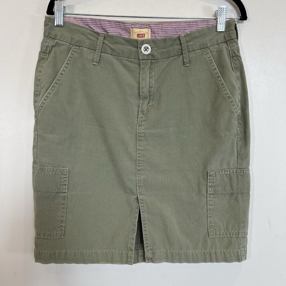Levi's Mini Skirt 100% Cotton Sage Green Cargo Pockets Front Slit Lightweight 10
